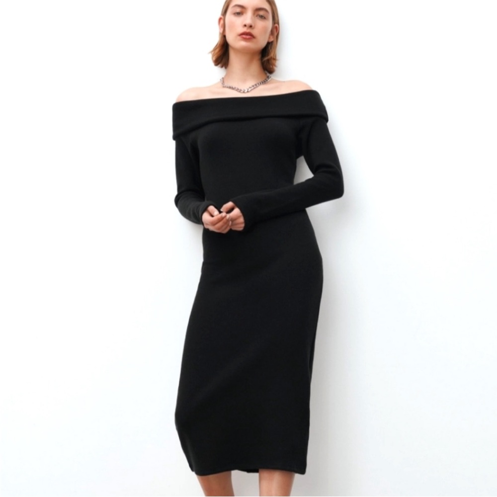 Off-Shoulder Black Midi Dress